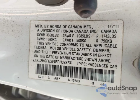 2012 Honda Civic Lx z USA, uszkodzony, nr VIN 2HGFB2F55CH328731
